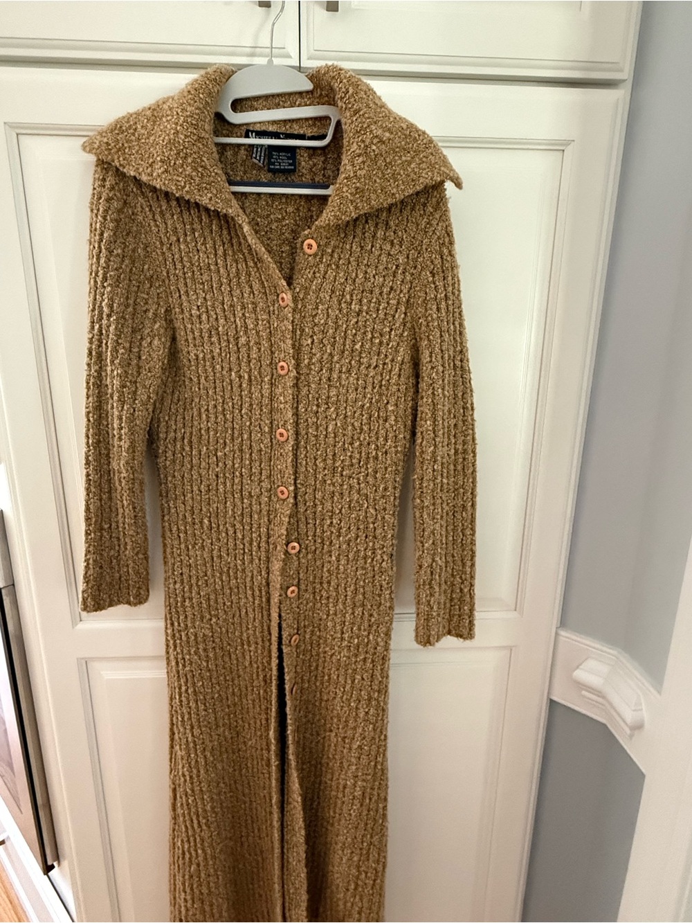 Michelle Nicole Long Ribbed Button-Front Sweater Coatigan in Camel